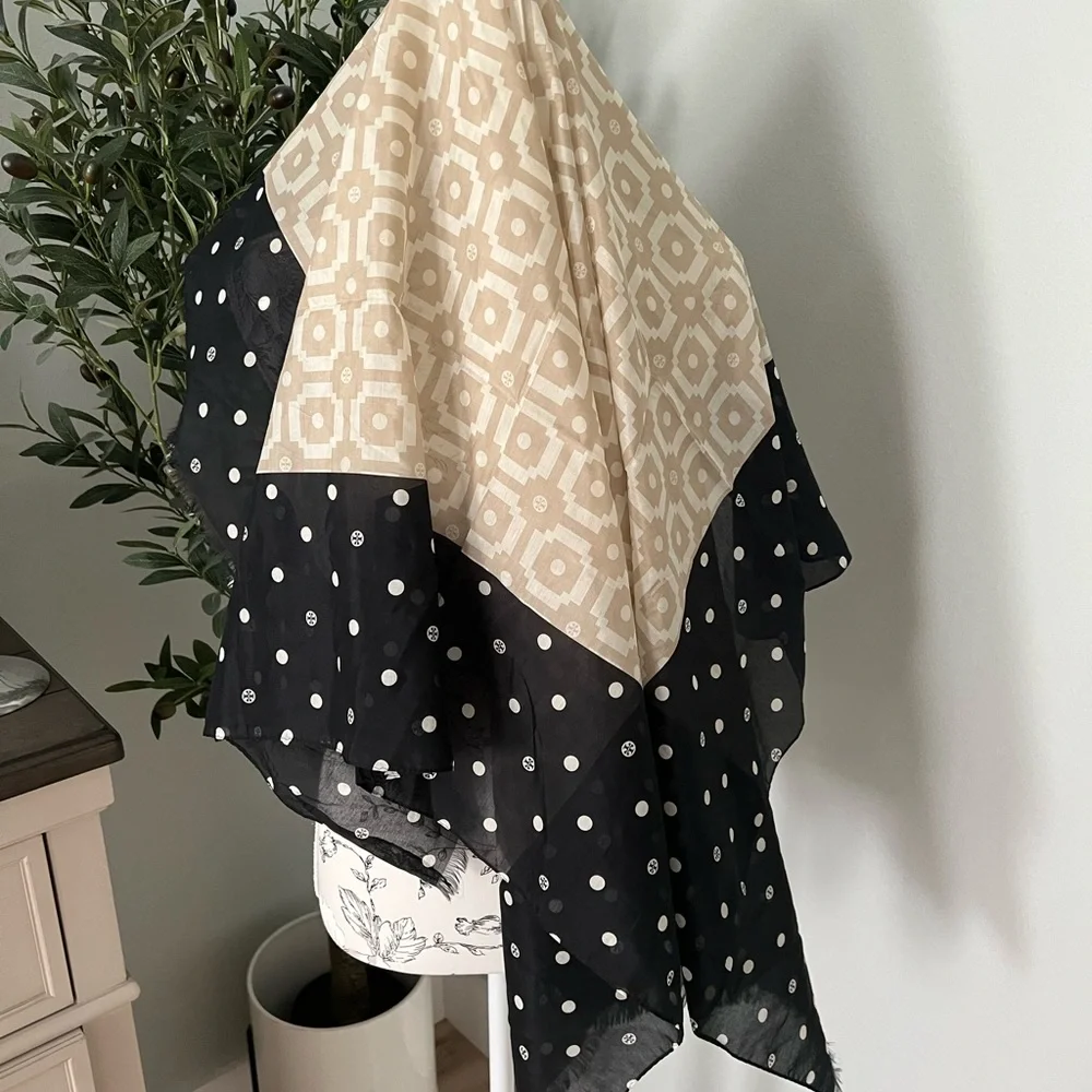 Tory Burch Black and Cream Polka Dot & Geometric Silk Scarf